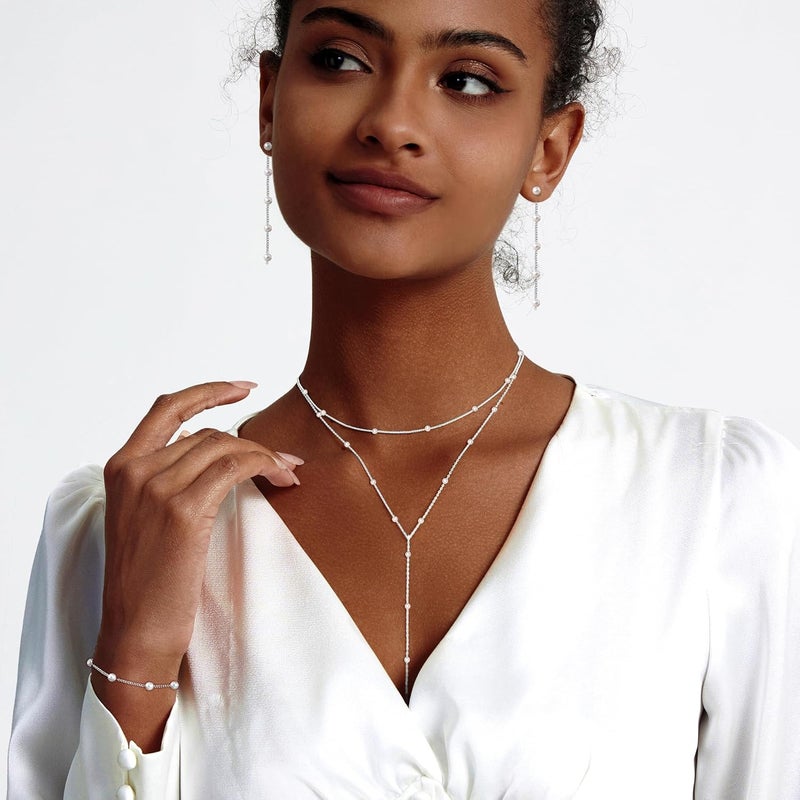 Zeffy Gold Pearl Necklace for Women, Dainty 14K Gold/Silve Plated Layered Pearl Choker Pearl Earrings Pearl Bracelets Wedding Trendy Gold Jewelry Set for Women Gifts - Image 3